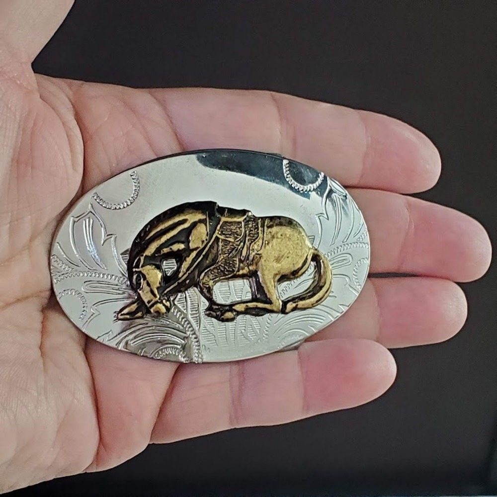 Vintage End of the Trail Horse Belt Buckle Silver Gold Tone Western Rodeo Oval